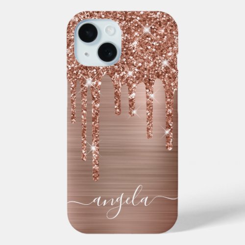 Rose Gold Glitter Drips Glam Girly Signature iPhone 15 Case