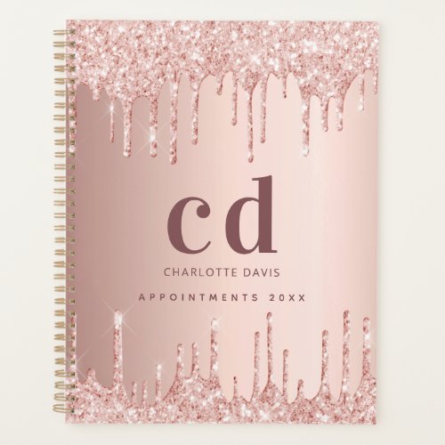 Rose gold glitter drips glam monogram planner