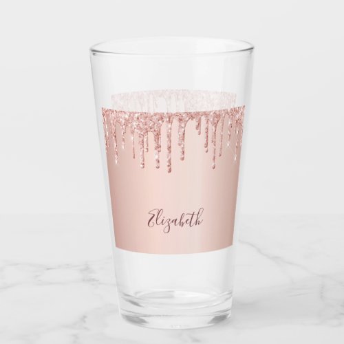 Rose gold glitter drips glam pink name glass