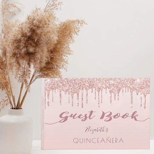 Rose gold glitter drips glam Quinceanera Guest Book