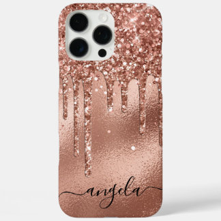Rose Gold Glitter Drips Glam Signature iPhone 16 Pro Max Case