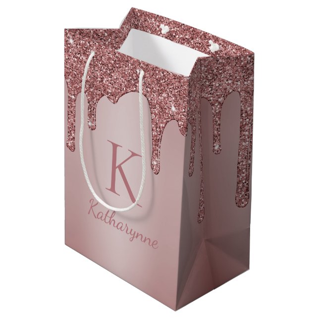 Rose Gold Glitter Drips Glam Sparkle Monogram Medium Gift Bag (Back Angled)
