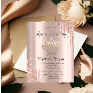 Rose Gold Glitter Drips Gold Lotus Retirement Invitation