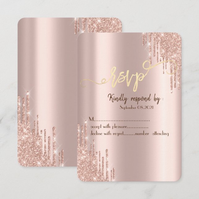 Rose Gold Glitter Drips Gold RSVP  Invitation (Front/Back)