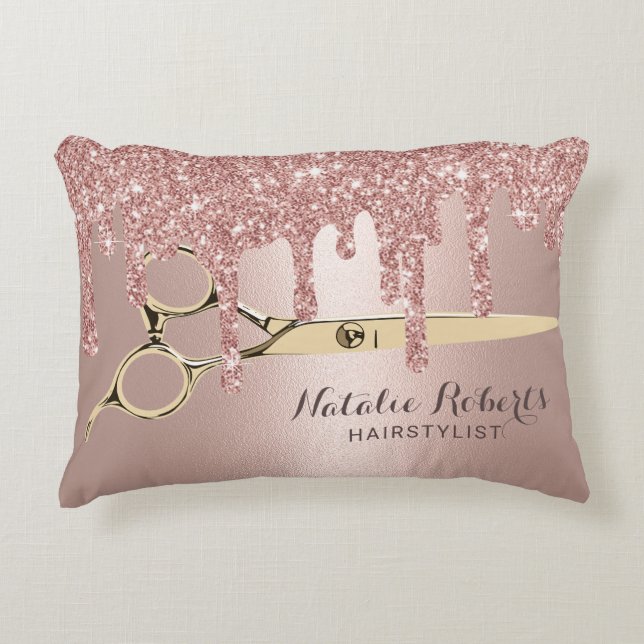 Rose Gold Glitter Drips Gold Scissor Hair Salon Accent Pillow (Front)