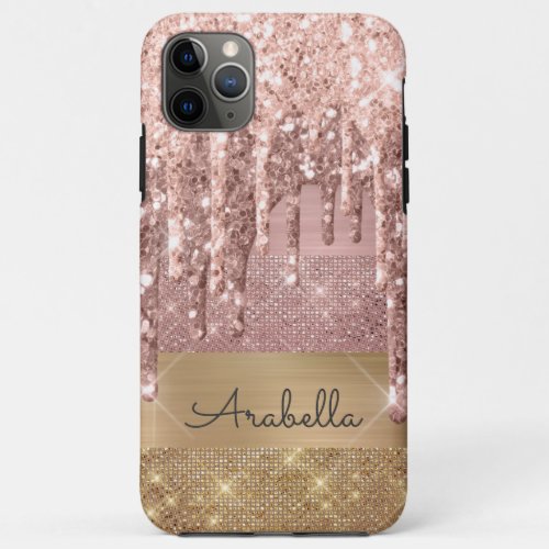 Rose Gold Glitter Drips Gold Stripes Monogrammed  iPhone 11 Pro Max Case