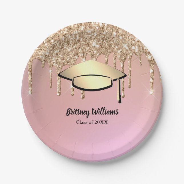 Rose Gold Glitter Drips Graduation Themed Paper Plates (Front)