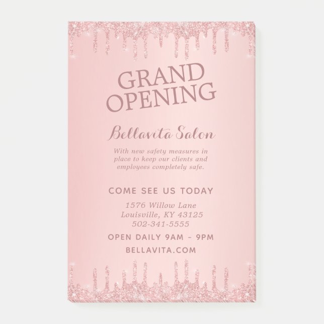 Rose Gold Glitter Drips Grand Opening Salon Post-it Notes (Front)