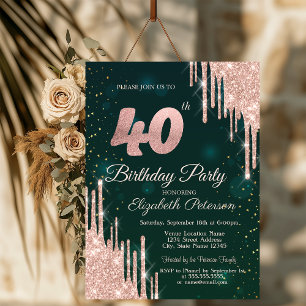 Rose Gold Glitter Drips Green 40th Birthday Party Invitation