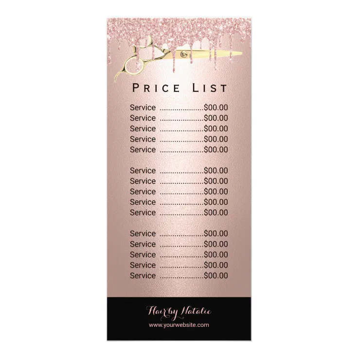 Rose Gold Glitter Drips Hair Salon Price List Rack Card | Zazzle