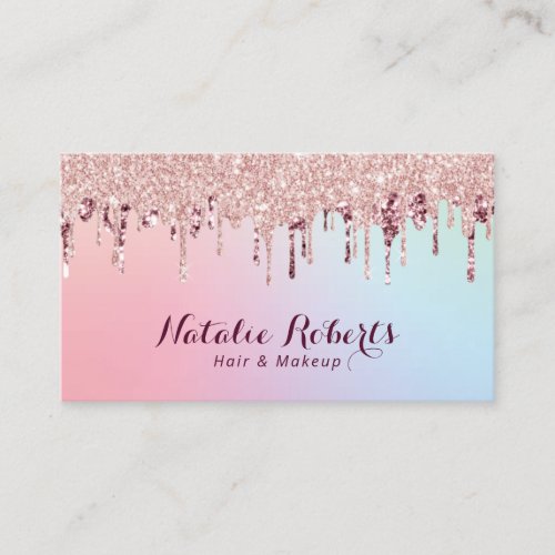 Rose Gold Glitter Drips Hair Stylist Makeup Artist Business Card