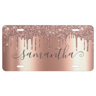 Rose Gold Glitter Drips Handwritten Calligraphy License Plate