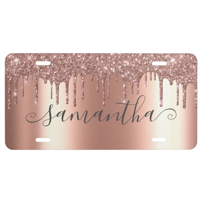 Rose Gold Glitter Drips Handwritten Calligraphy License Plate (Front)