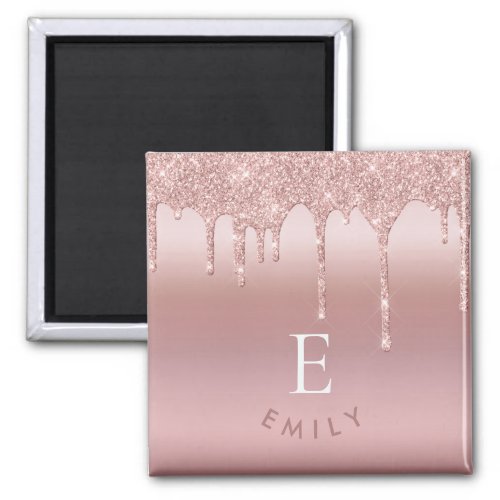 Rose Gold Glitter Drips Initial Name Monogram Magnet