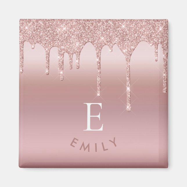 Rose Gold Glitter Drips Initial Name Monogram Magnet (Front)