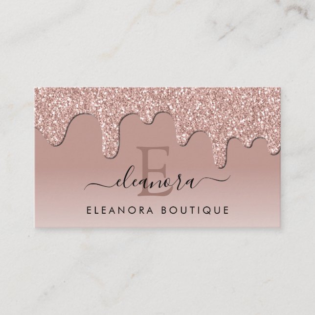 Rose Gold Glitter Drips Jewelry Designer Monogram Business Card (Front)