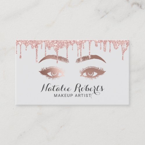 Rose Gold Glitter Drips Lashes Brows Makeup Artist Business Card