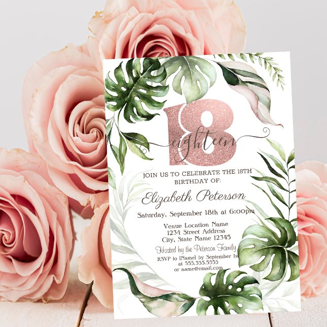  Rose Gold Glitter Drips Leaves 18th Birthday  Invitation (Creator Uploaded)