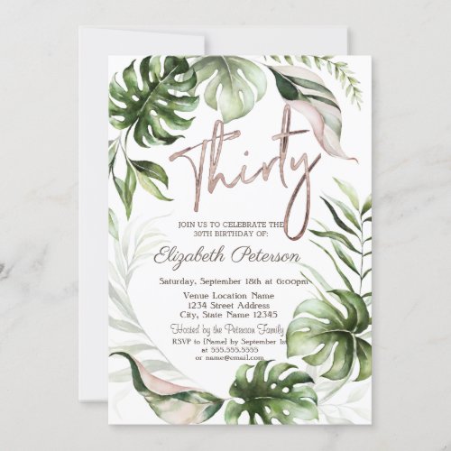  Rose Gold Glitter Drips Leaves 30th Birthday  Invitation