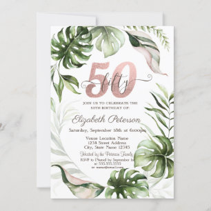 Rose Gold Glitter Drips Leaves 50th Birthday  Invitation
