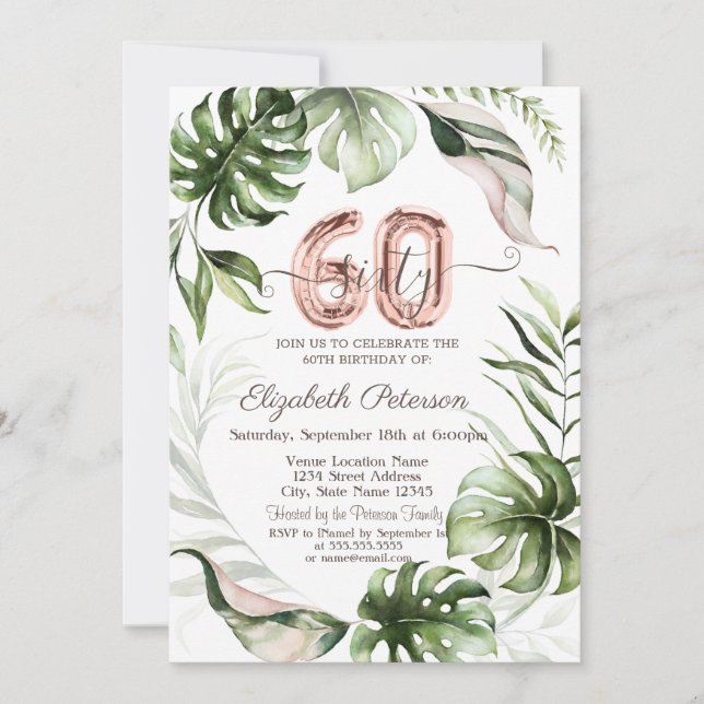  Rose Gold Glitter Drips Leaves 60th Birthday  Invitation (Front)