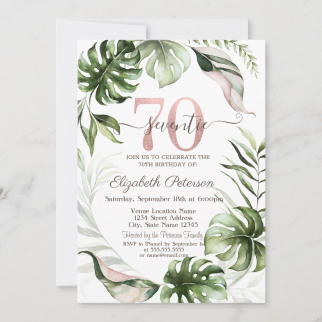  Rose Gold Glitter Drips Leaves 70th Birthday  Invitation (Front)
