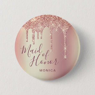 Rose gold glitter drips maid of honor button