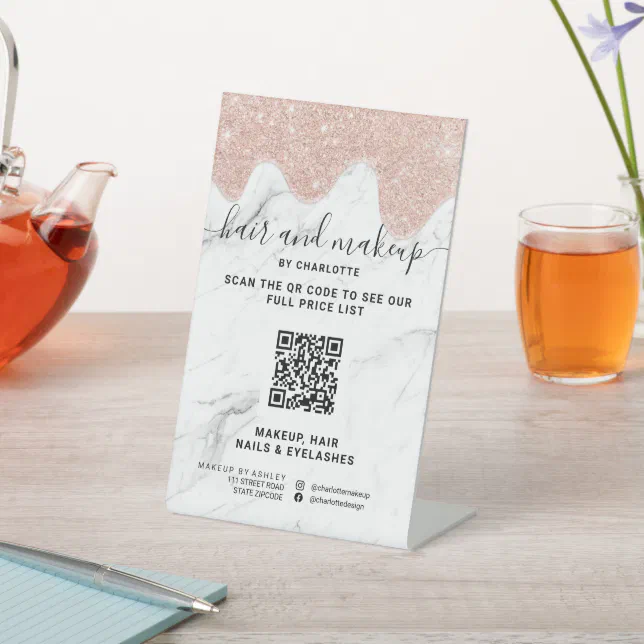 Rose Gold Glitter Drips Makeup Marble Qr Price Pedestal Sign Zazzle 6715