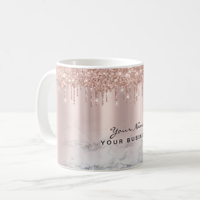 Rose Gold Glitter Drips Marble Custom Name Mug (Front Left)