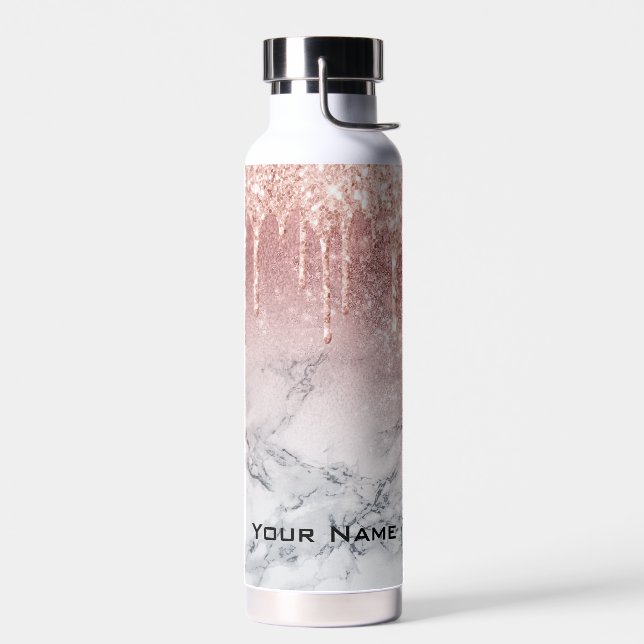 Rose Gold Glitter Drips Marble Custom Name Water Bottle (Left)