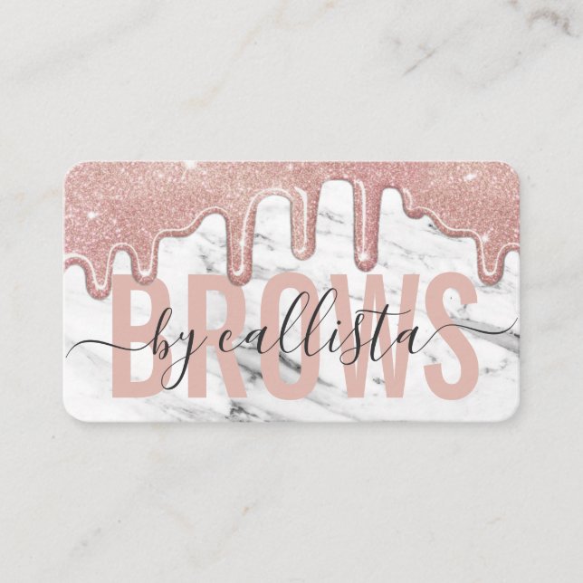 Rose Gold Glitter Drips Marble Eyebrow Artist Business Card (Front)