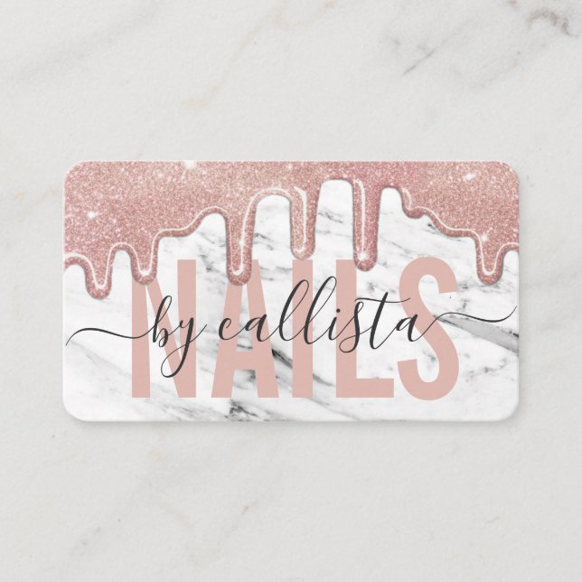 Rose Gold Glitter Drips Marble Nail Artist Business Card (Front)