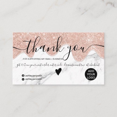 Rose gold glitter drips marble order thank you business card