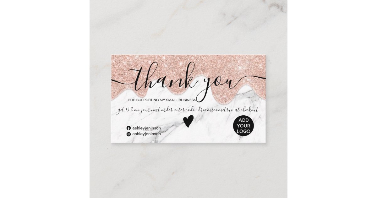 Rose gold glitter drips marble order thank you business card | Zazzle