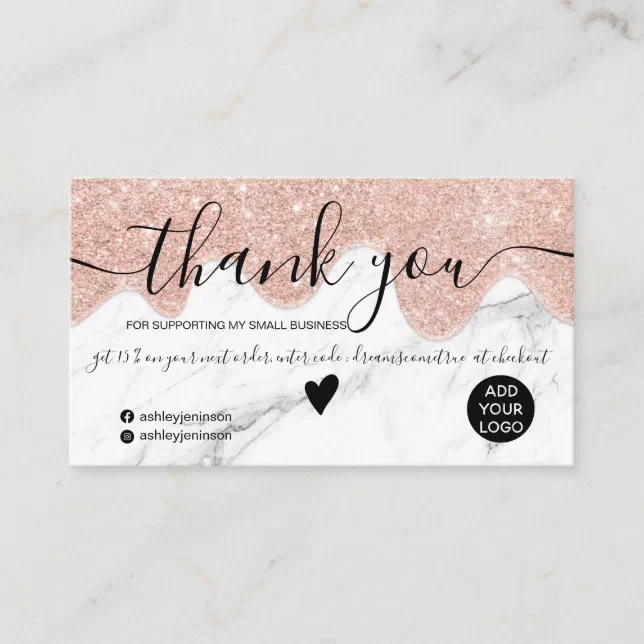 Rose gold glitter drips marble order thank you business card | Zazzle