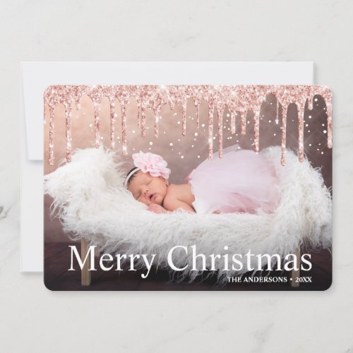  Rose Gold Glitter Drips Merry Christmas Photo  Holiday Card