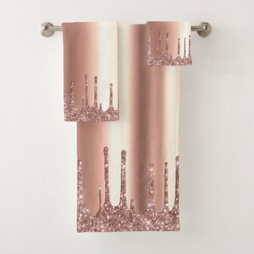 Rose Gold Glitter Drips Metal Foil Look Bath Towel Set