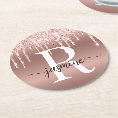 Rose Gold Glitter Drips Metal Girly Monogram Round Paper Coaster