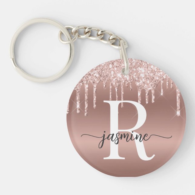 Rose Gold Glitter Drips Metal Girly Monogrammed Keychain (Front)