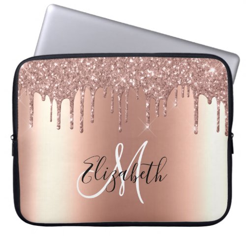 Rose Gold Glitter Drips Metal  Monogram Trendy  Laptop Sleeve