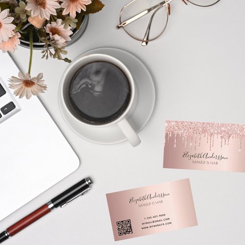 Rose gold glitter drips metal QR code script Business Card