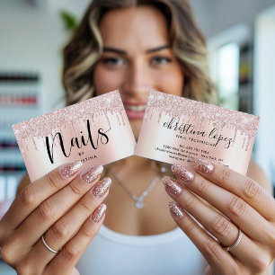 Rose gold glitter drips metallic elegant nails business card