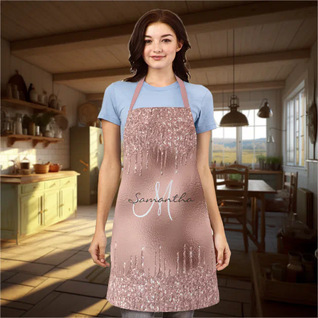 Rose Gold Glitter Drips Metallic Foil Personalized Apron Zazzle 5119