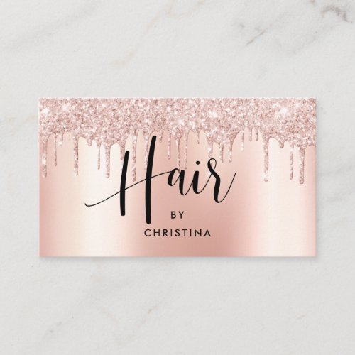 Rose gold glitter drips metallic hair stylist business card