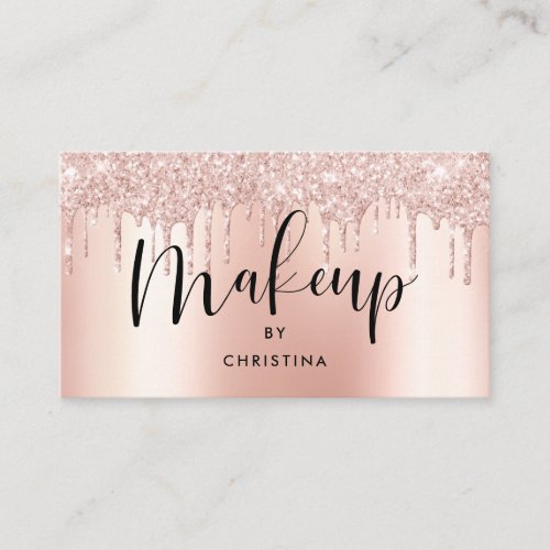 Rose gold glitter drips metallic makeup artist business card