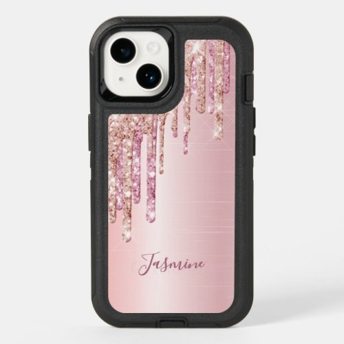 Rose gold glitter drips metallic name girly OtterBox iPhone 14 case