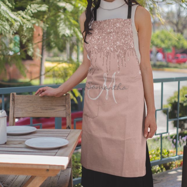Rose Gold Glitter Drips Metallic Pink Personalized Apron (Creator Uploaded)