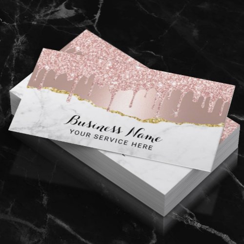 Rose Gold Glitter Drips Modern Marble Beauty Salon Business Card