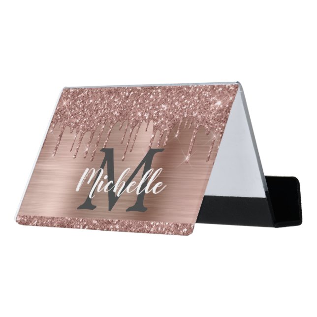 Rose Gold Glitter Drips Monogram Business Office  Desk Business Card Holder (Angled Back)