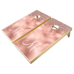 Rose Gold Glitter Drips Monogram Cornhole Set